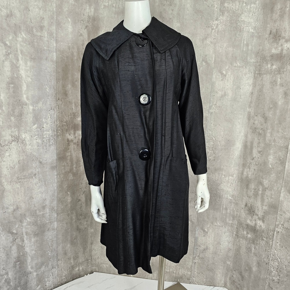 Vintage 50s 60s Black Raw Silk Coat Wide Collar Oversized Buttons ILGWU - Picture 2 of 13